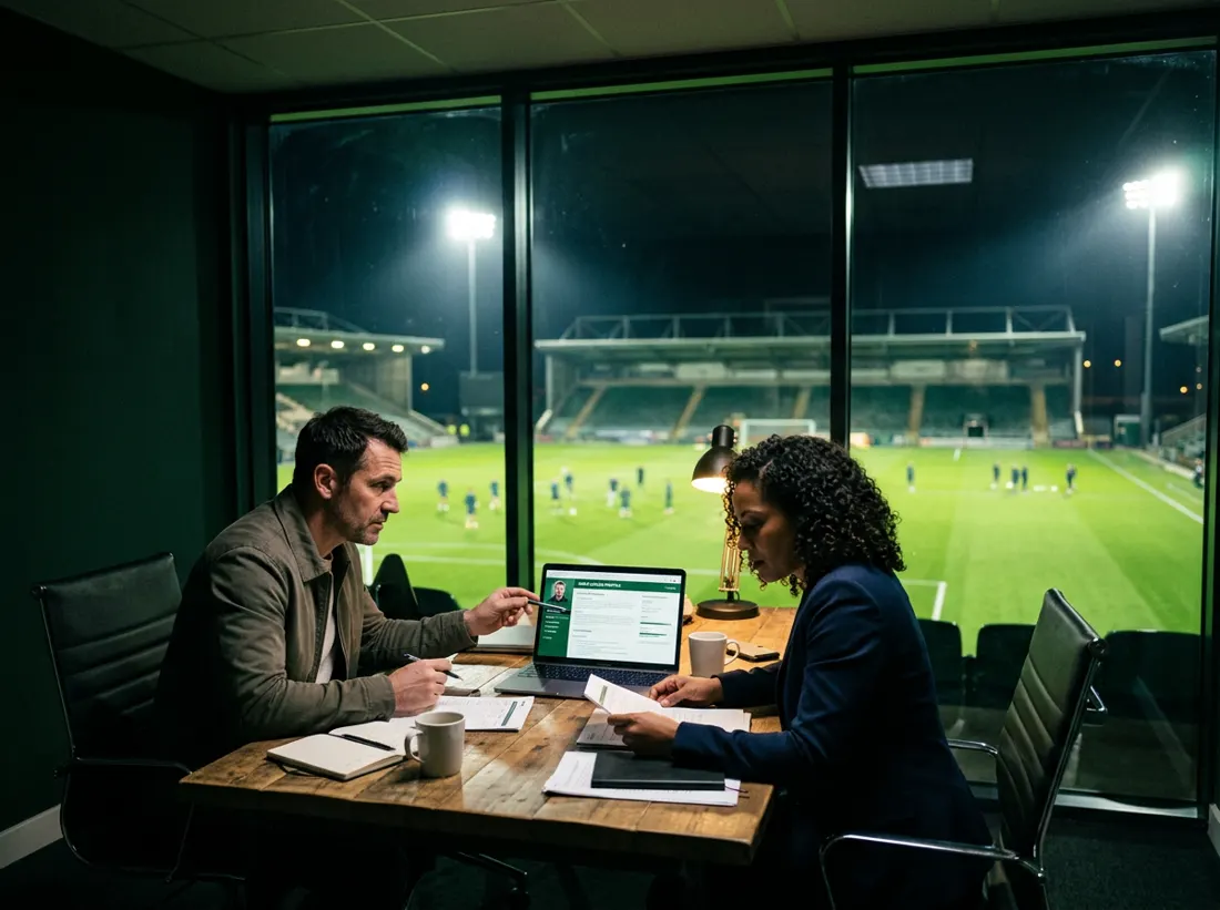 Club staff reviewing a coach profile overlooking a floodlit pitch