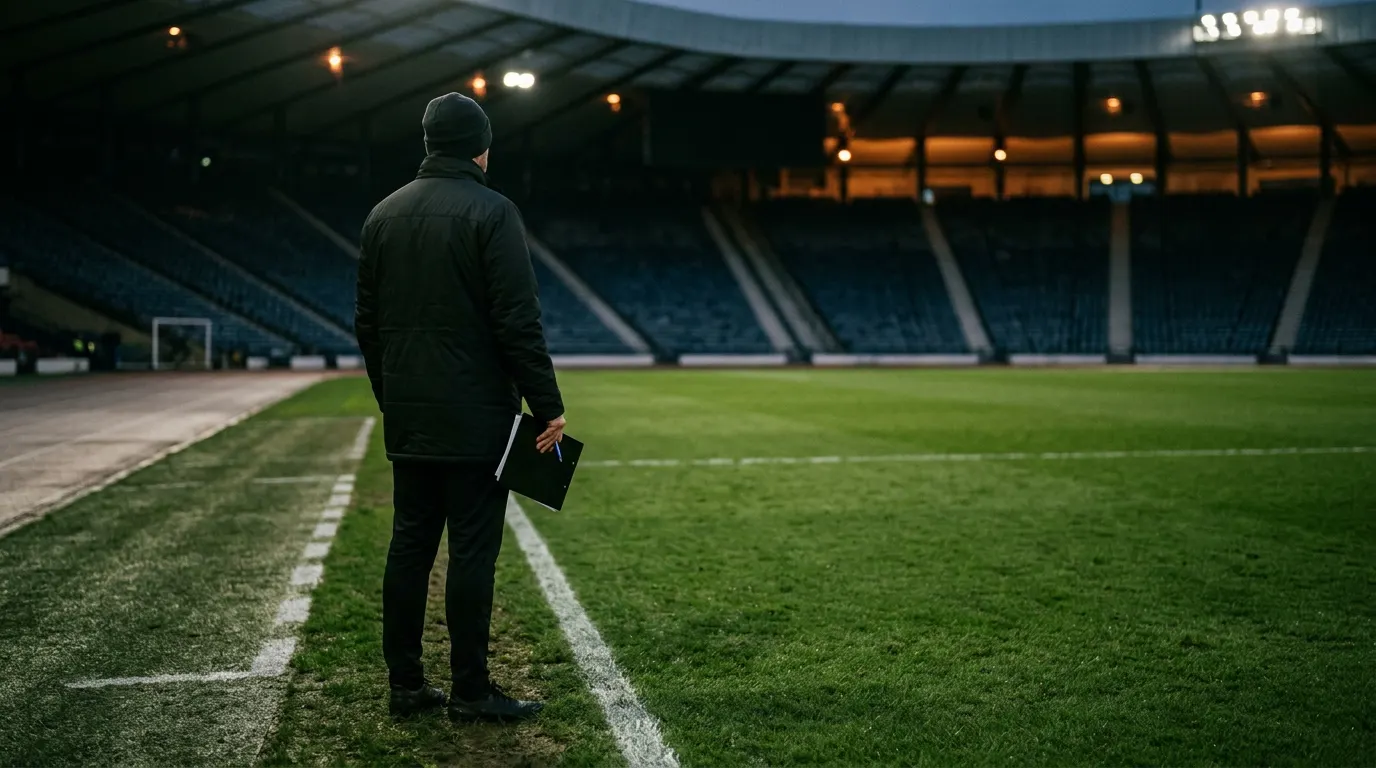 A football coach standing on the touchline of a floodlit stadium