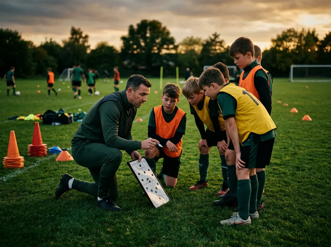 An academy coach explaining tactics to young players
